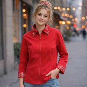 Vintage Red Rhinestone Western Jacket | Size L | Y2K Cowboy Glam